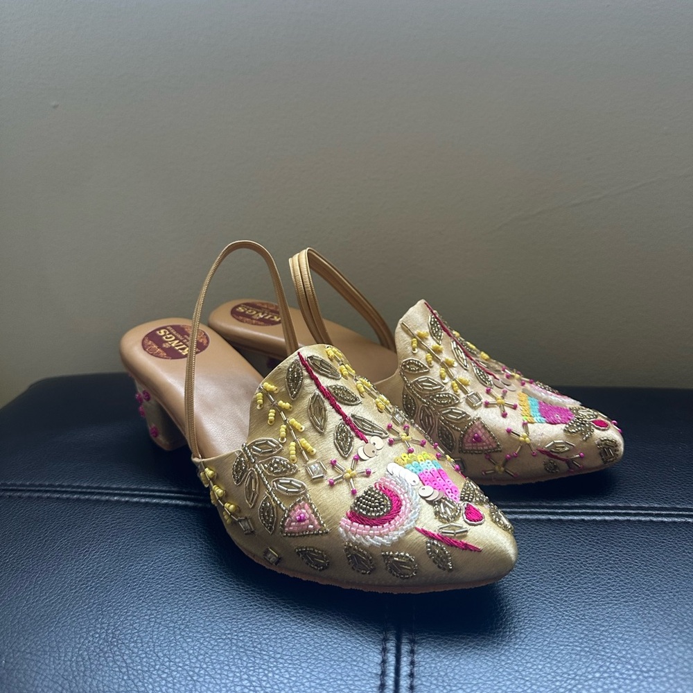 Handmade embroidered, beaded, and embellished slingback pointed toe block heels